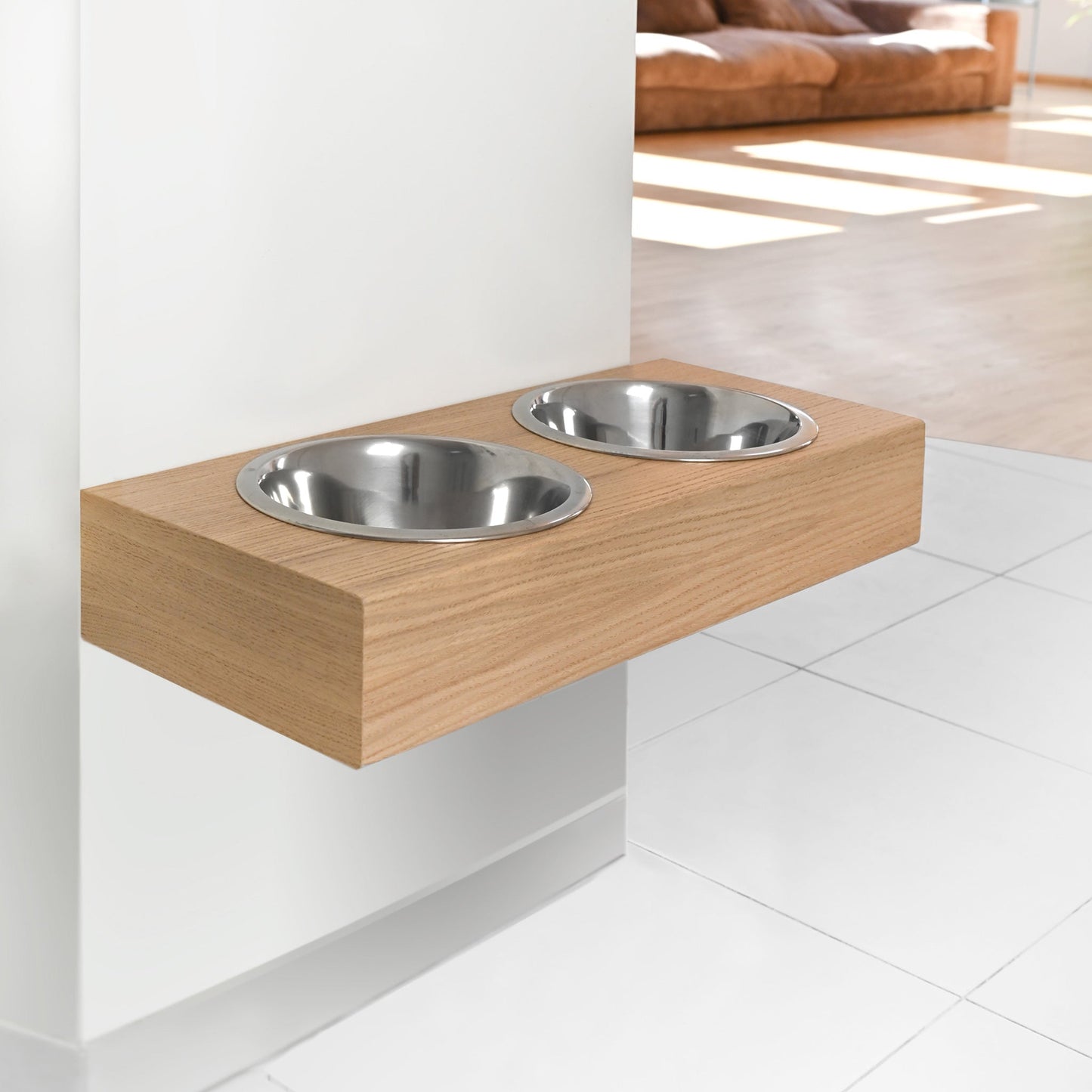 Floating Wooden Raised Food Stand, Medium Dog Feeding Station, Hanging Pet Bowls